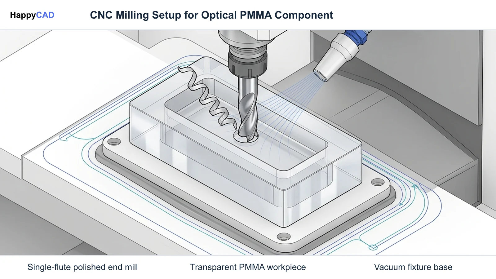 Isometric view of a single-flute end mill cutting a clear acrylic block mounted on a vacuum fixture with clean chip formation and air cooling.