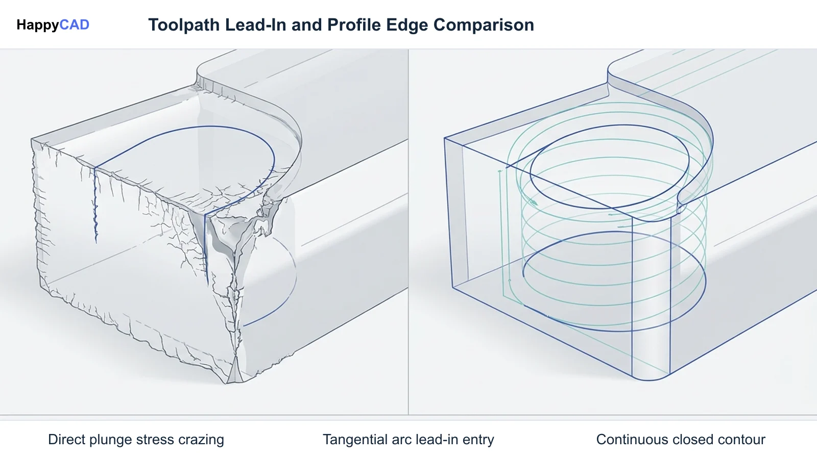 Side-by-side comparison of an acrylic cutout with plunge crazing from overlapping vectors versus a smooth helical entry with clean sidewalls.
