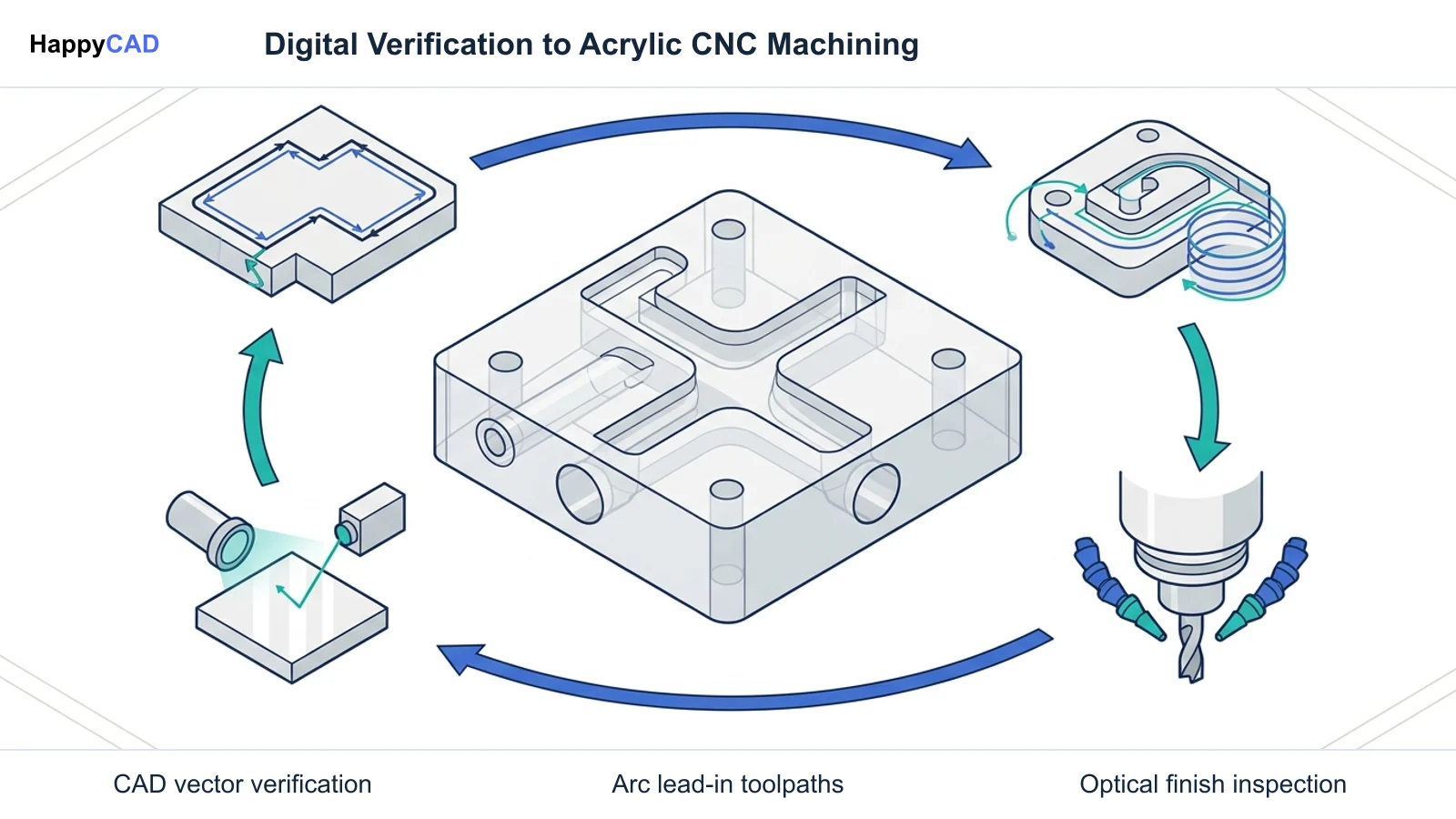 Diagram showing an acrylic manifold centered among four sequential workflow steps from profile loop checks and toolpath arcs to machining and clarity inspection.