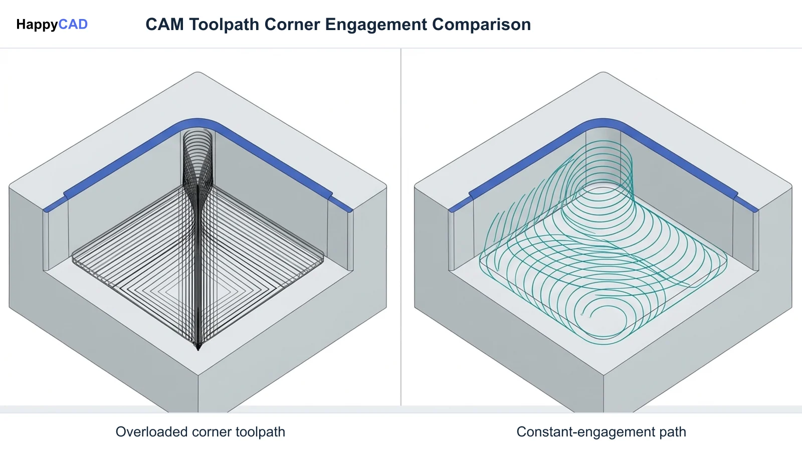 Side-by-side comparison of internal pocket milling paths showing sharp corner cutter burying versus constant-engagement adaptive circular toolpaths in aluminum.
