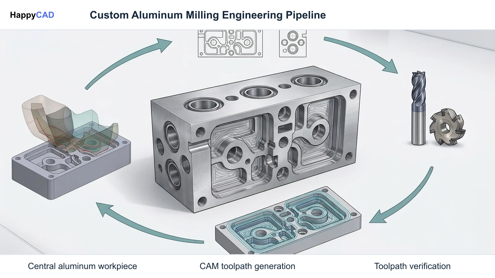 Central custom aluminum housing surrounded by sequential workflow icons representing drawing review, ISO N tooling selection, adaptive CAM roughing, and toolpath verification.