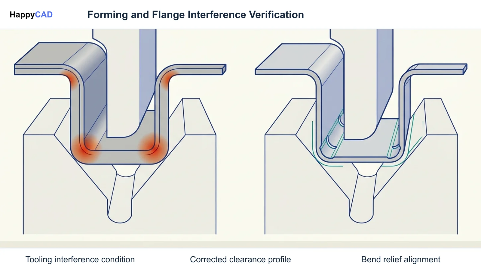 Side-by-side comparison of formed aluminum bracket bends showing punch collision from incorrect gauge settings versus clean clearance with correct parameters.