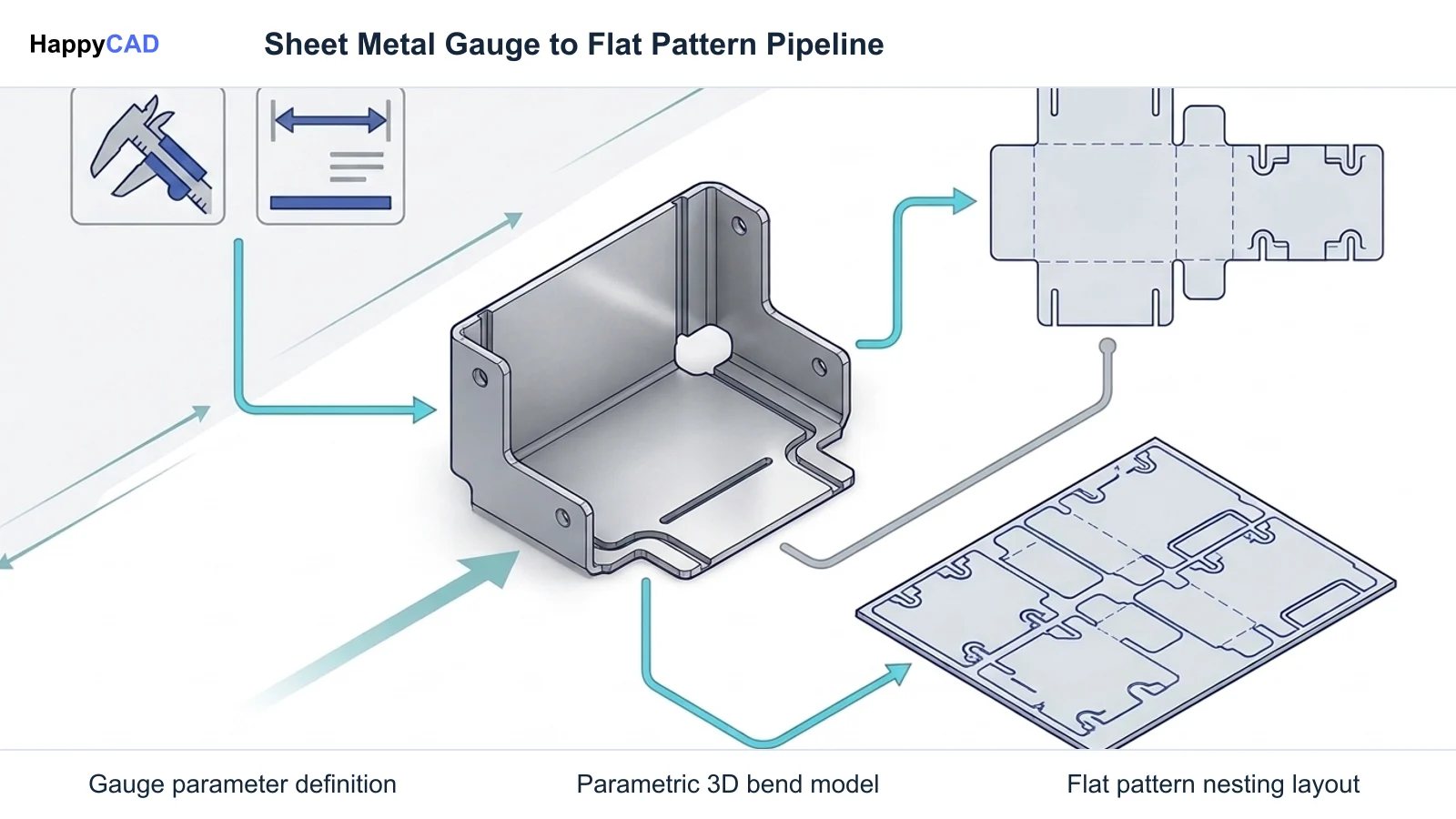 Technical workflow showing parameter assignment to a 3D folded sheet metal part, flat pattern unfolding, and 2D nesting layout.