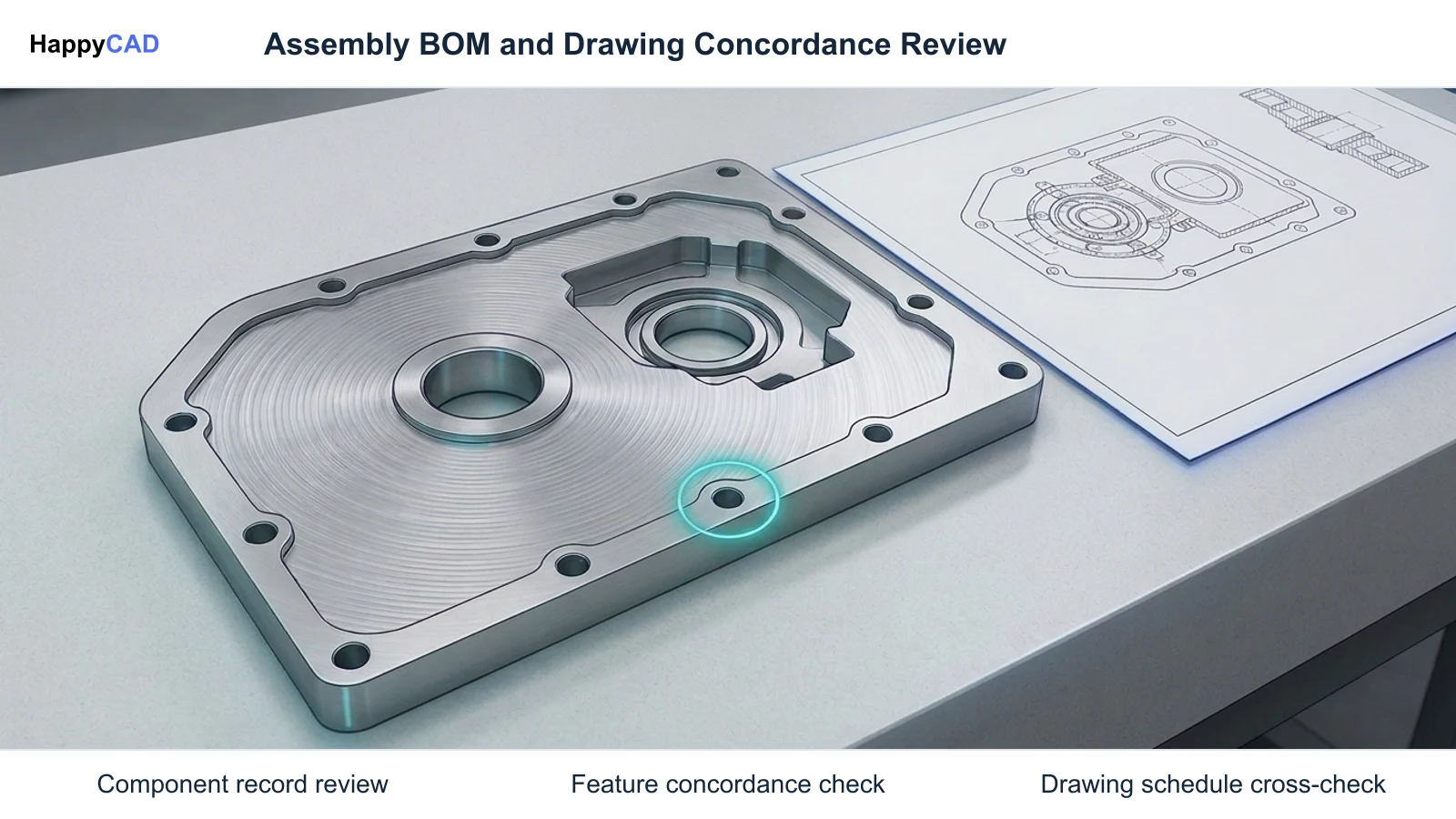 Machined aluminum cover plate resting flat on a granite table beside an assembly drawing with a teal inspection highlight.