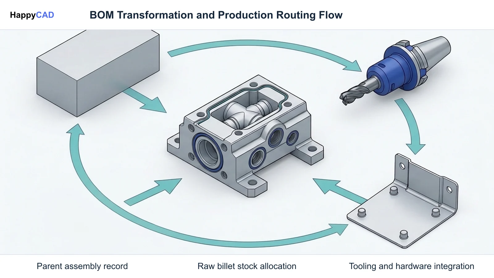 Central machined manifold surrounded by raw billet stock, CNC cutting tooling, and sheet metal hardware connected by teal workflow arrows.