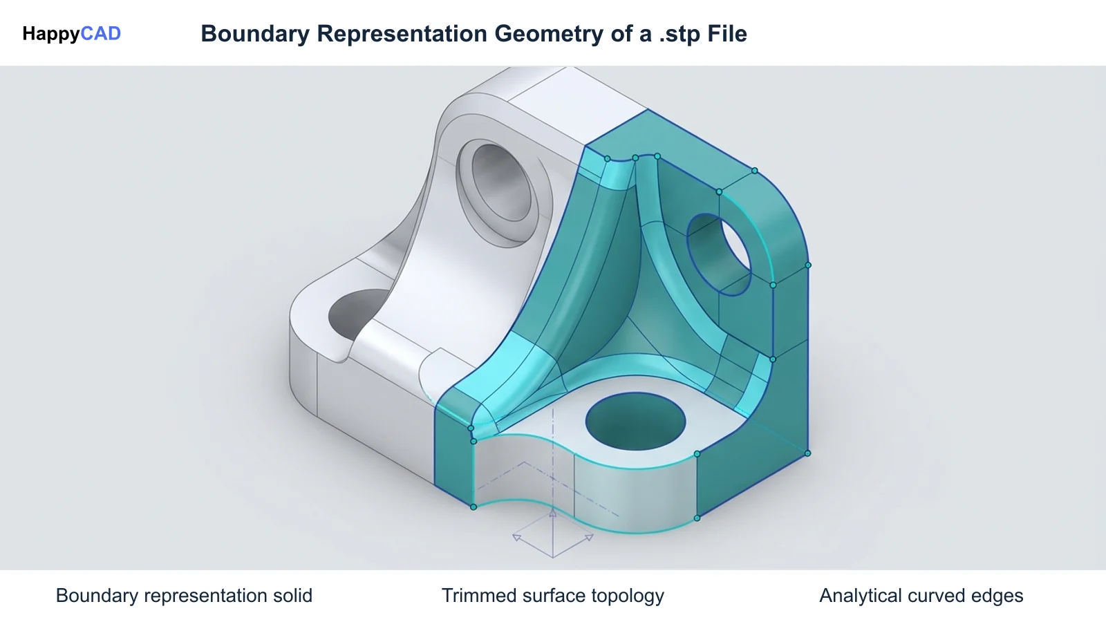 Isometric 3D solid model showing mathematical boundary representation with smooth trimmed surfaces, curved edges, and vertex topology in teal accents.