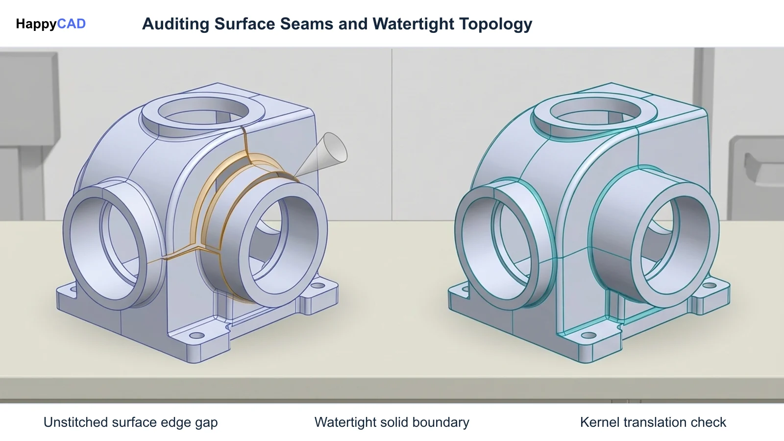 Side-by-side comparison of a CAD model showing an open unstitched surface seam alongside a watertight, fully closed solid boundary body.