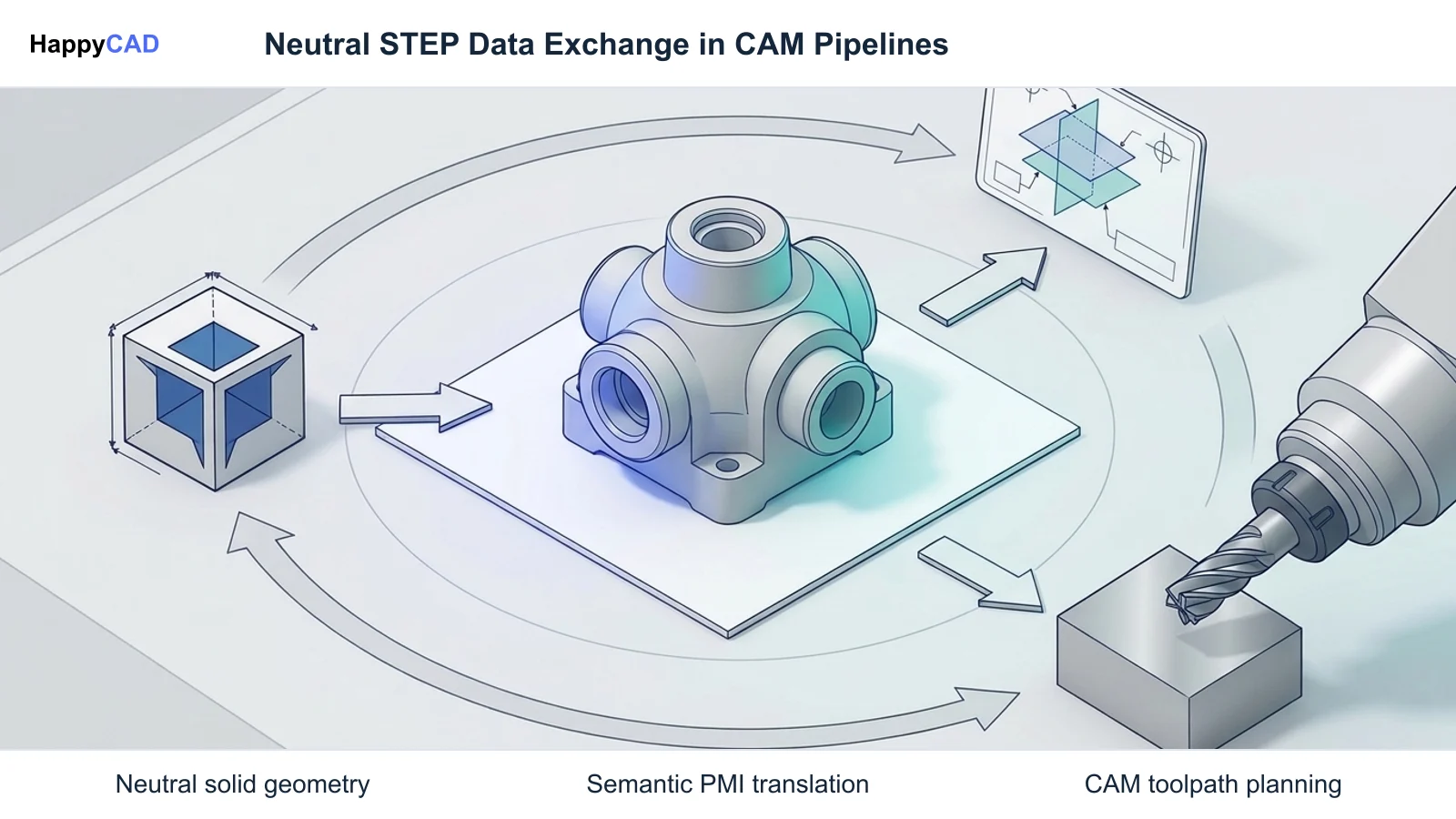 Central 3D engineering model surrounded by conceptual workflow nodes for CAD design input, semantic PMI review, and CAM multi-axis machining setup.