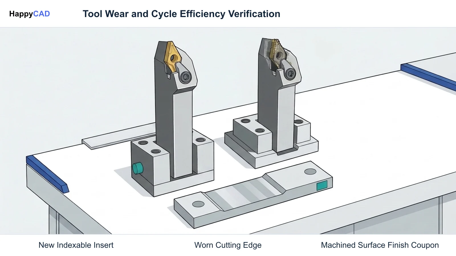Engineering inspection bench comparing a fresh carbide milling insert against a worn insert beside a test coupon with varied surface finishes.