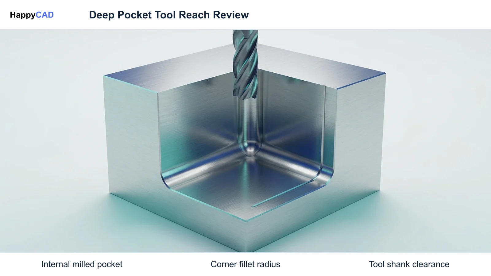 Cutaway view of a single machined aluminum block showing a deep internal pocket with an end mill positioned above for tool clearance review.