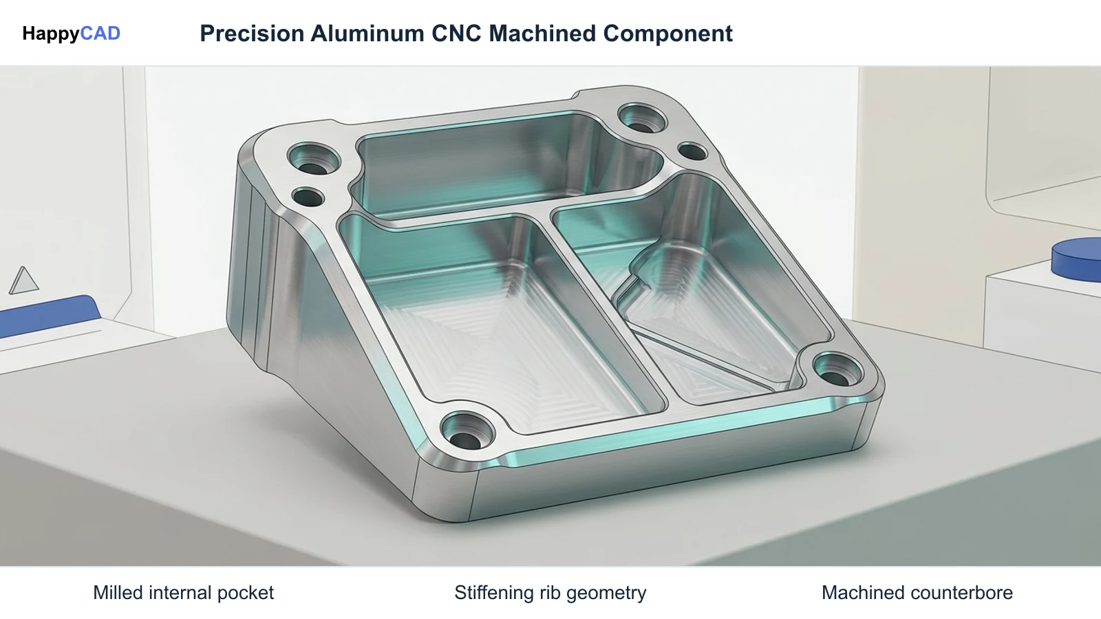 Precision CNC machined aluminum bracket featuring deep milled pockets, thin structural ribs, and counterbored holes on a neutral pedestal.