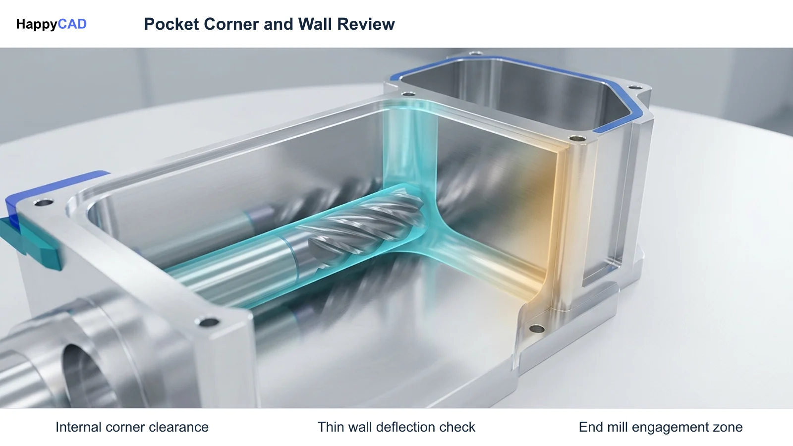 A single milled aluminum housing with a solid carbide end mill engaged in an internal corner pocket, highlighted for clearance and wall deflection review.