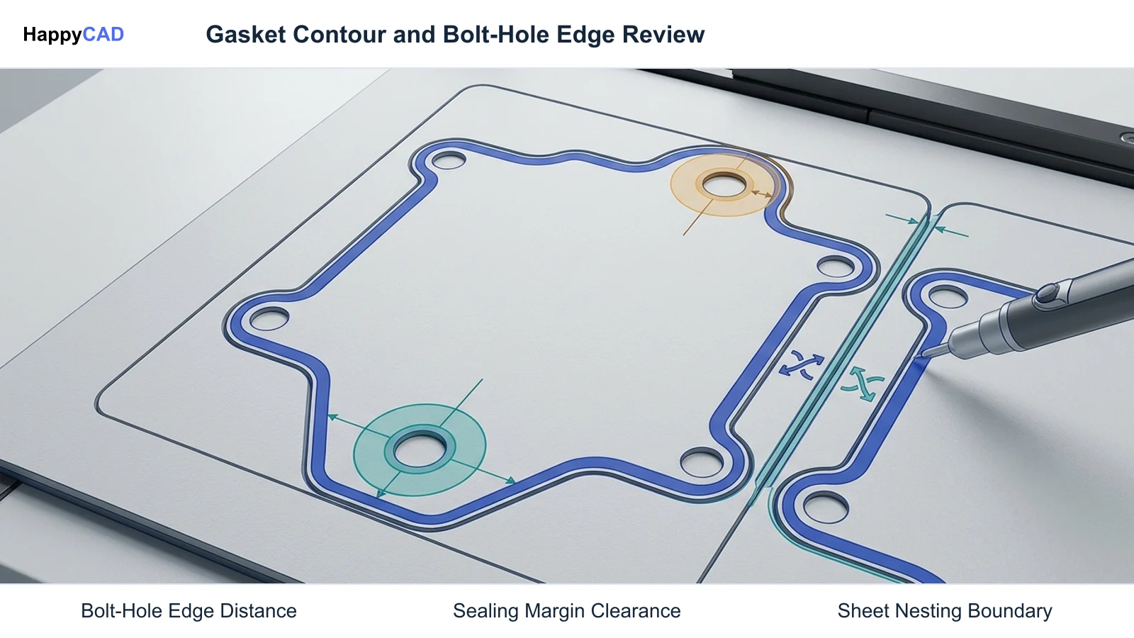 Technical layout of custom gasket profiles on sheet material highlighting perimeter web spacing clearance around bolt holes and nested part boundaries.