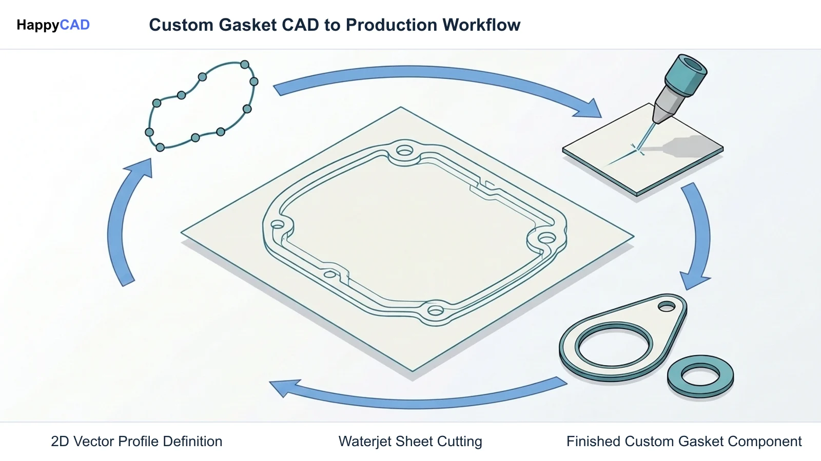 Central custom gasket profile outline surrounded by clockwise workflow icons representing CAD geometry check, waterjet cutting, and finished seal components.