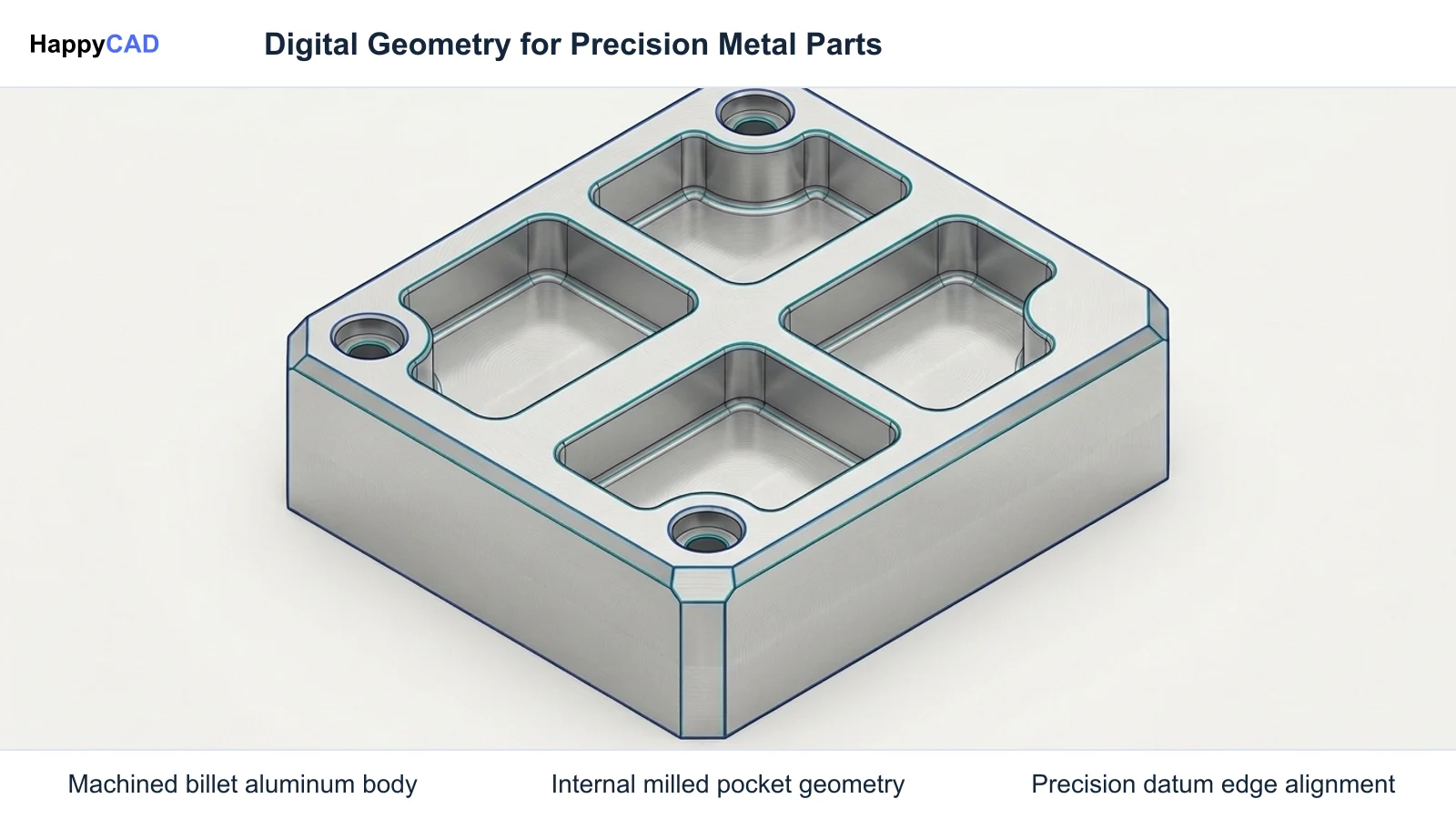 Isometric view of a precision-machined aluminum manifold block showing milled pockets, counterbored mounting holes, and chamfered edges against a clean white background.