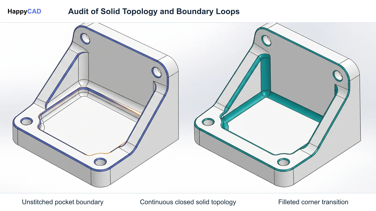Comparative view of two custom metal bracket models, showing an incomplete open-face pocket on the left and a continuous, watertight solid pocket on the right.