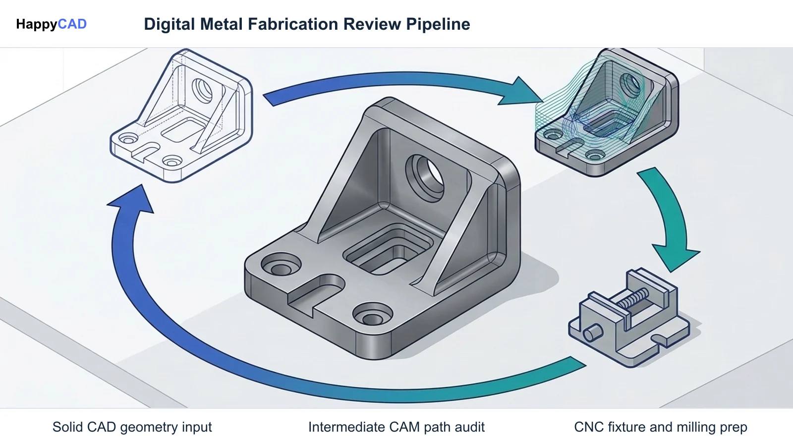 Diagram showing a central milled metal workpiece linked by directional arrows to geometric modeling, CAM toolpath verification, and CNC machining setup stages.