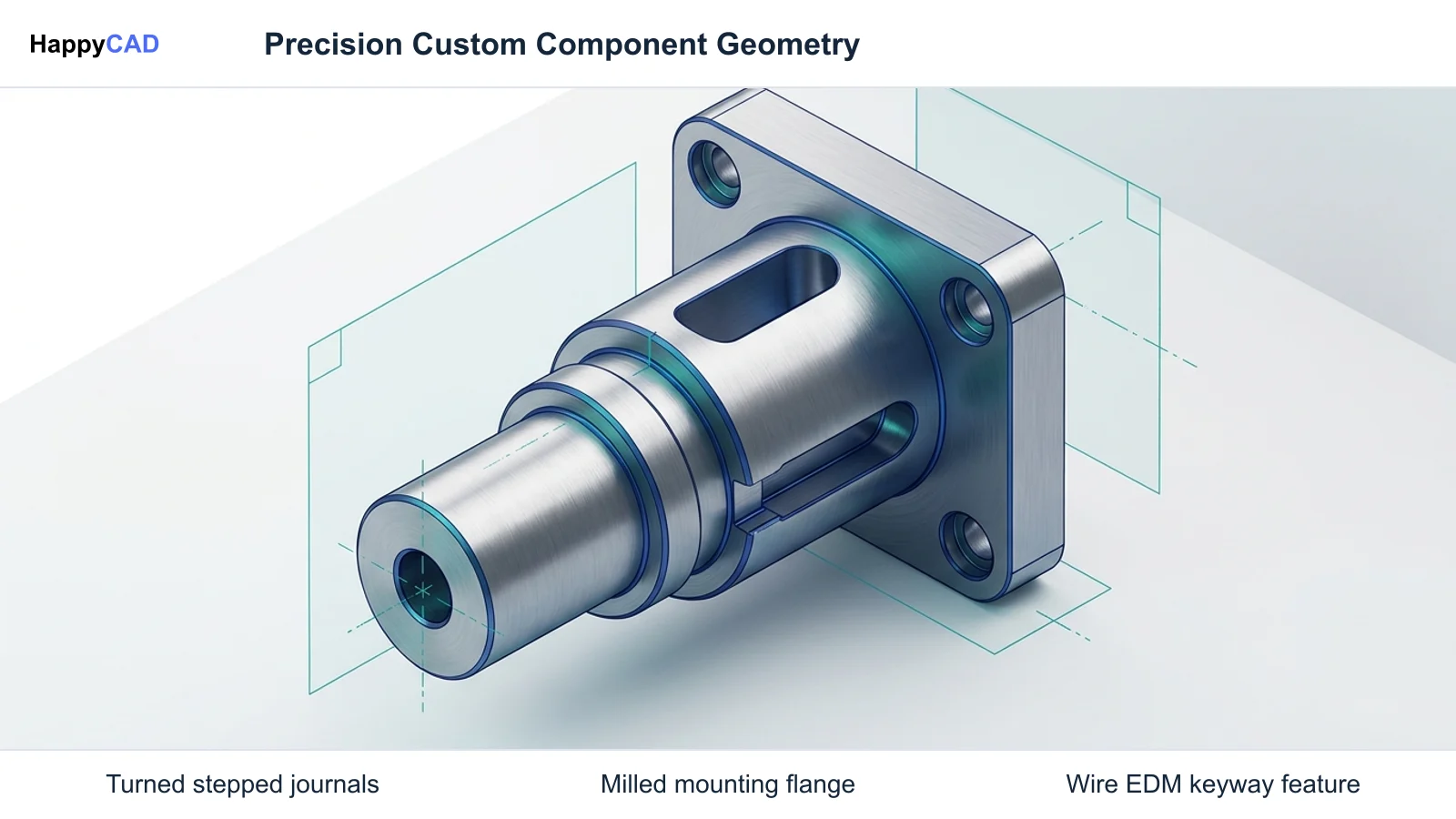 Isometric view of a custom machined metal component with stepped turned cylindrical journals, a milled mounting flange, and wire EDM profile features on a light background.