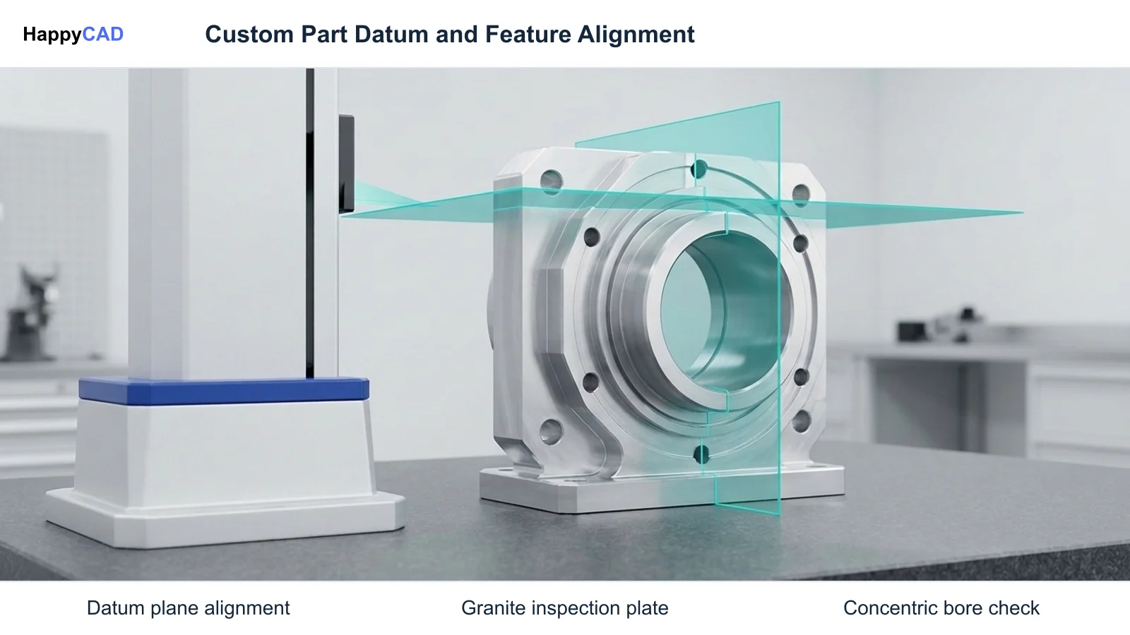A precision custom machined housing mounted on a granite surface plate with projected teal alignment planes verifying bore concentricity and datum perpendicularity.