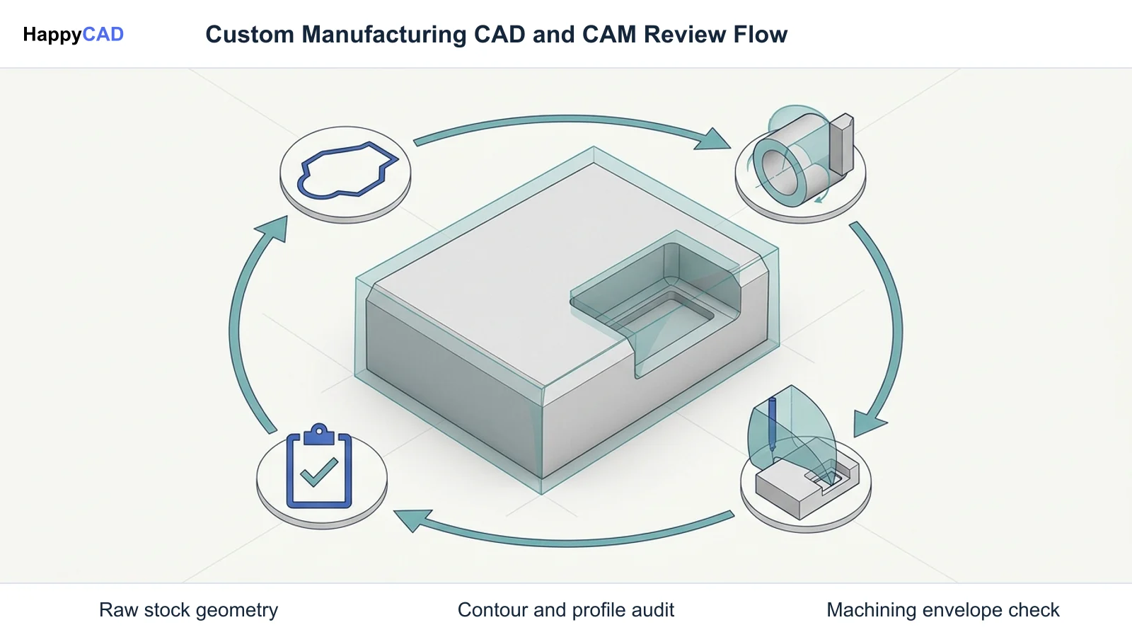Diagram showing a central raw stock block surrounded by sequential review icons for contour loops, lathe turned profiles, and milling clearance envelopes with teal arrows.