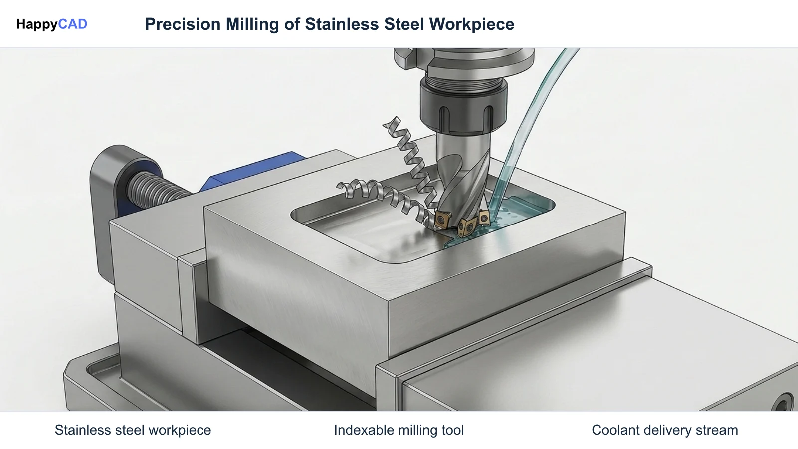 An isometric view of a stainless steel block clamped in a machine vise as an indexable end mill cuts a pocket contour, showing clean sheared metal chips and cooling fluid.