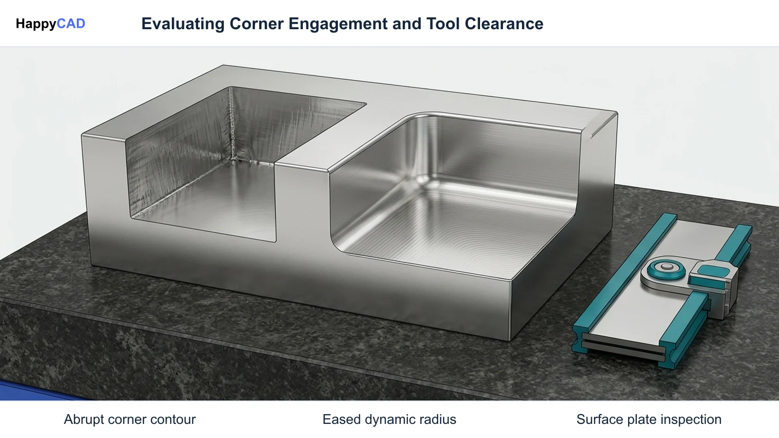 A stainless steel test block on an inspection plate comparing an abrupt corner with chatter marks against an eased corner radius with a uniform finish alongside an inspection guide.