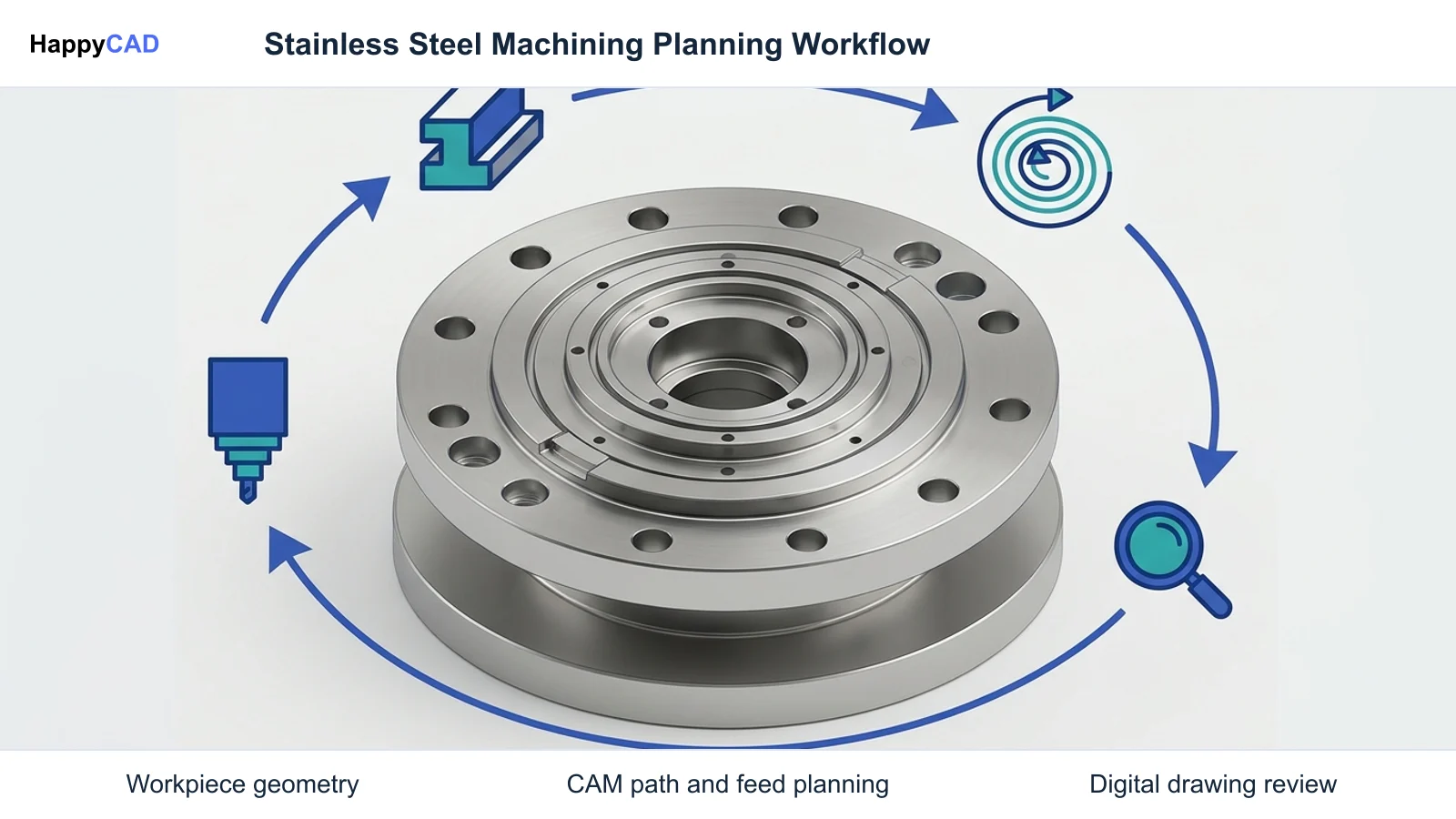 A stainless steel component surrounded by circular process icons showing material specification, dynamic toolpathing, CAD inspection review, and machine execution linked by teal flow arrows.