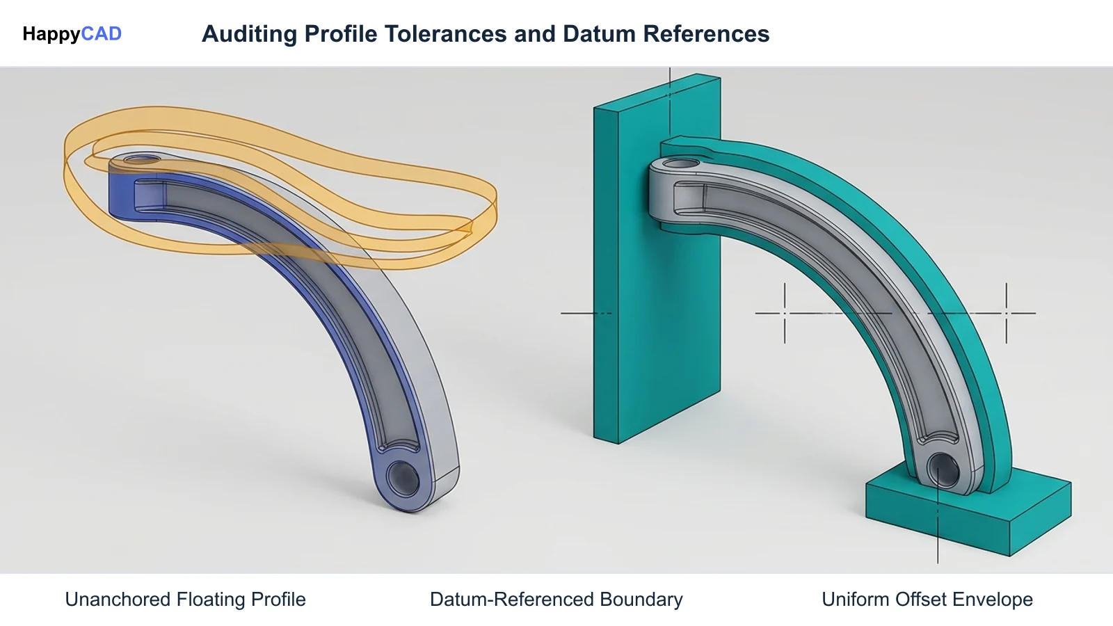Comparison of an unanchored curved profile tolerance zone versus a fully constrained datum-referenced surface profile envelope on a precision part.