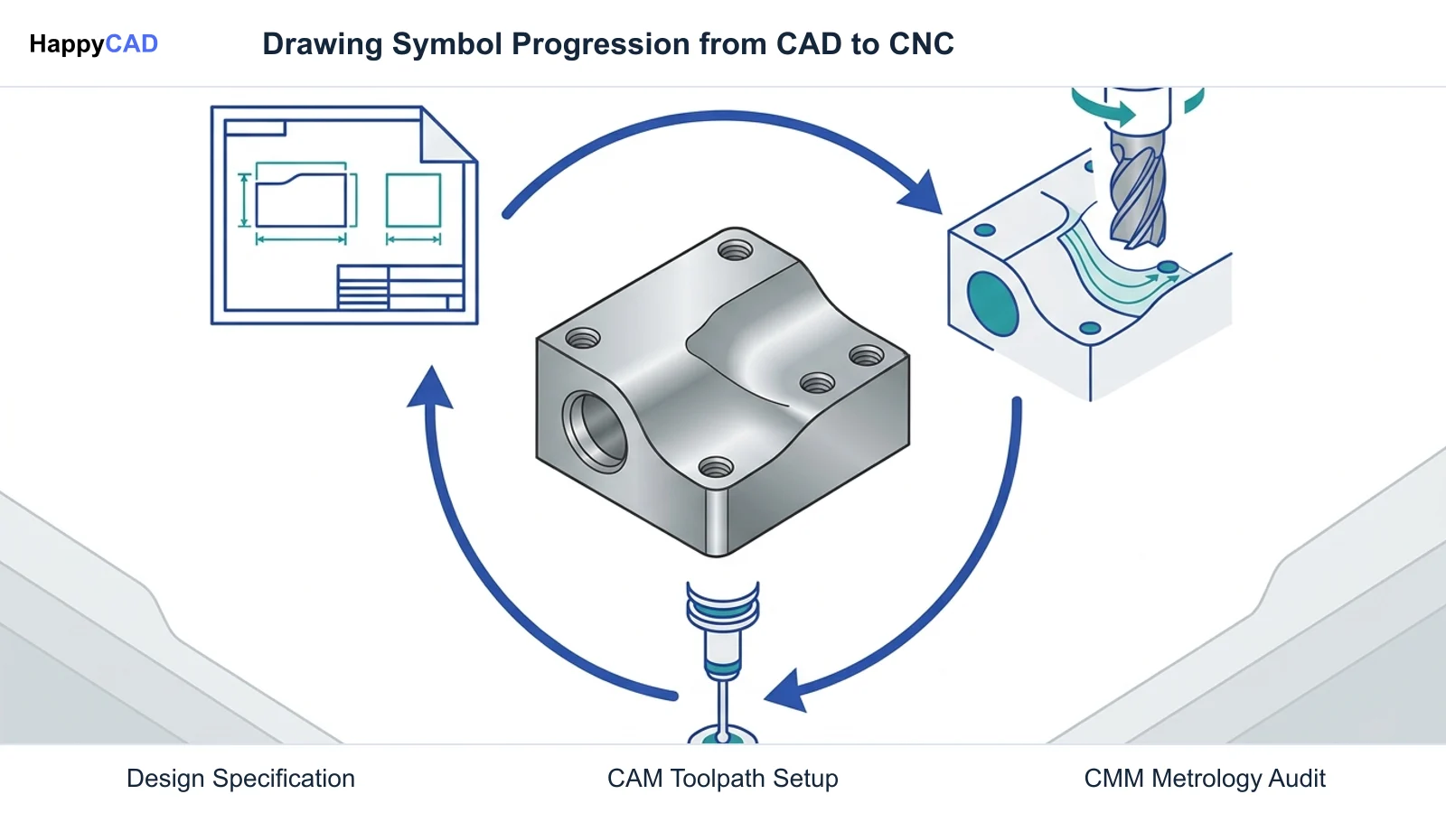 Central machined part surrounded by sequential process stages representing design specification, toolpath setup, and coordinate probe verification.