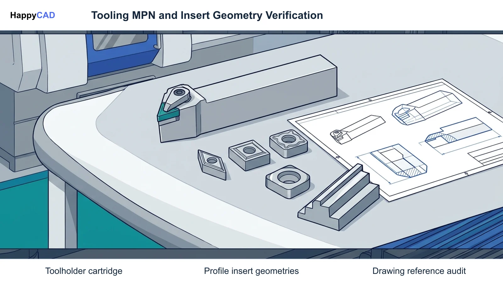 Inspection workbench showing a CNC turning toolholder, multiple carbide insert geometries, and an engineering drawing profile sheet.
