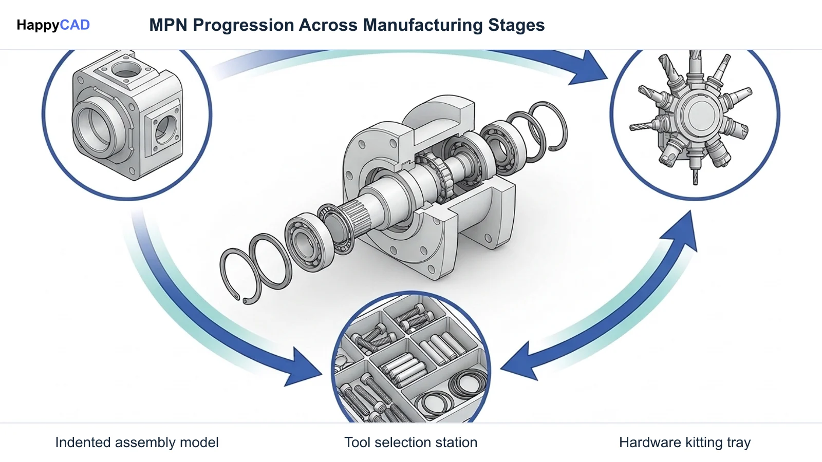 Workflow diagram showing a central mechanical subassembly surrounded by directional arrows connecting design modeling, CNC tool holder setup, and a kitting tote.