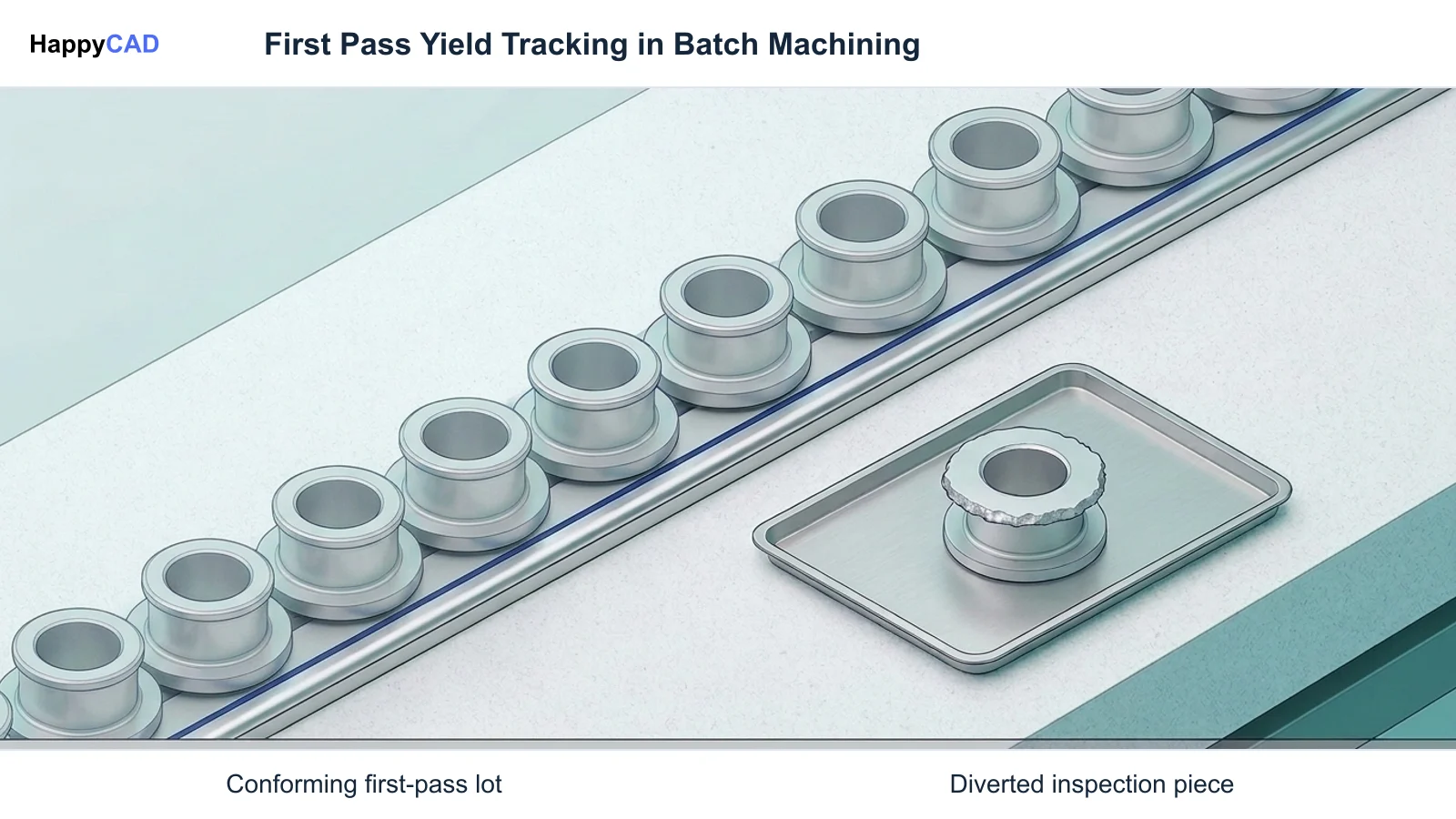 Machined aluminum bushings grouped on a granite surface, showing conforming parts lined up along an inspection lane and one diverted piece set aside.