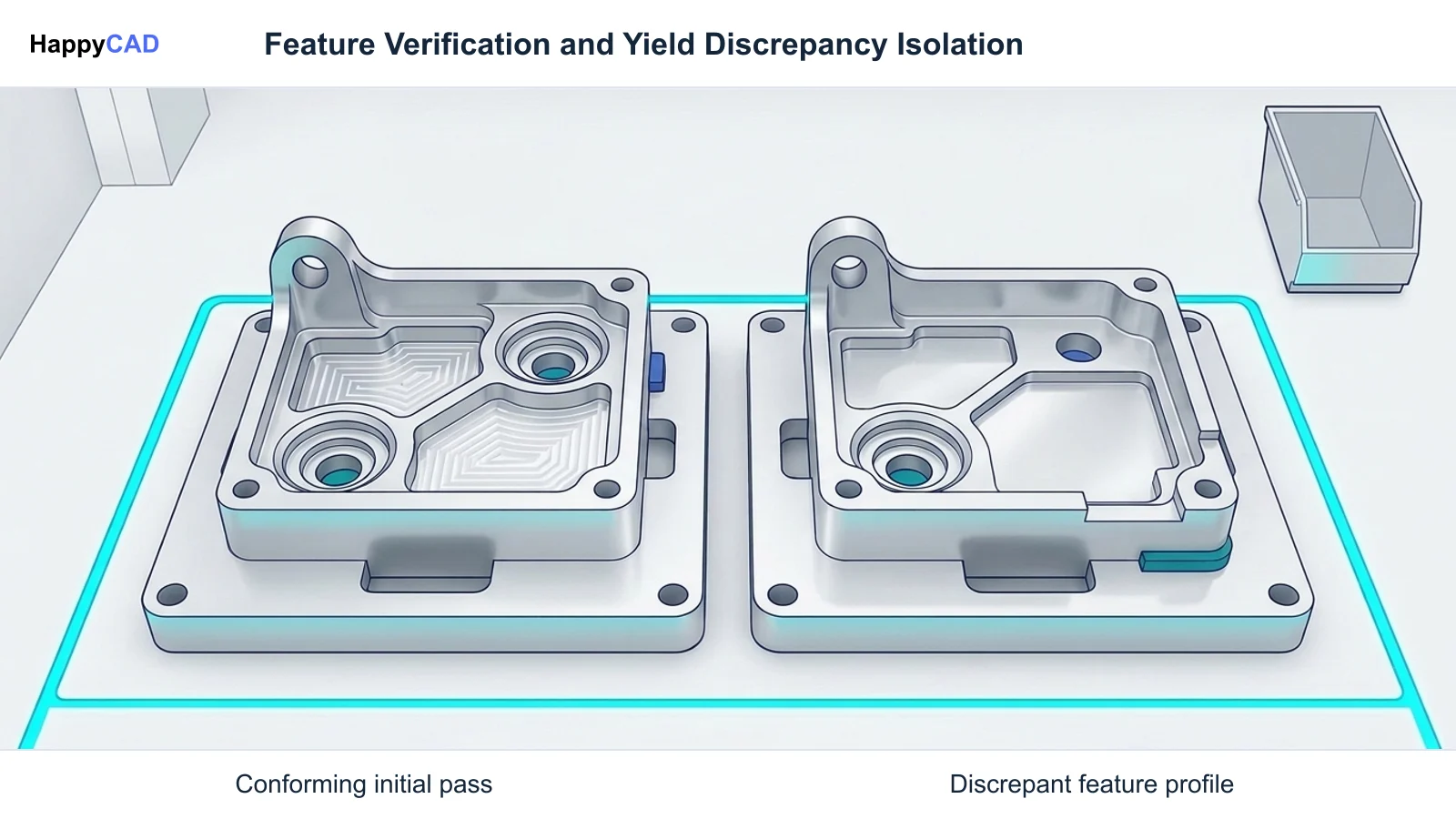 Side-by-side machined brackets in fixtures comparing a fully conforming pocket with an offset stepped shoulder defect on a test piece.