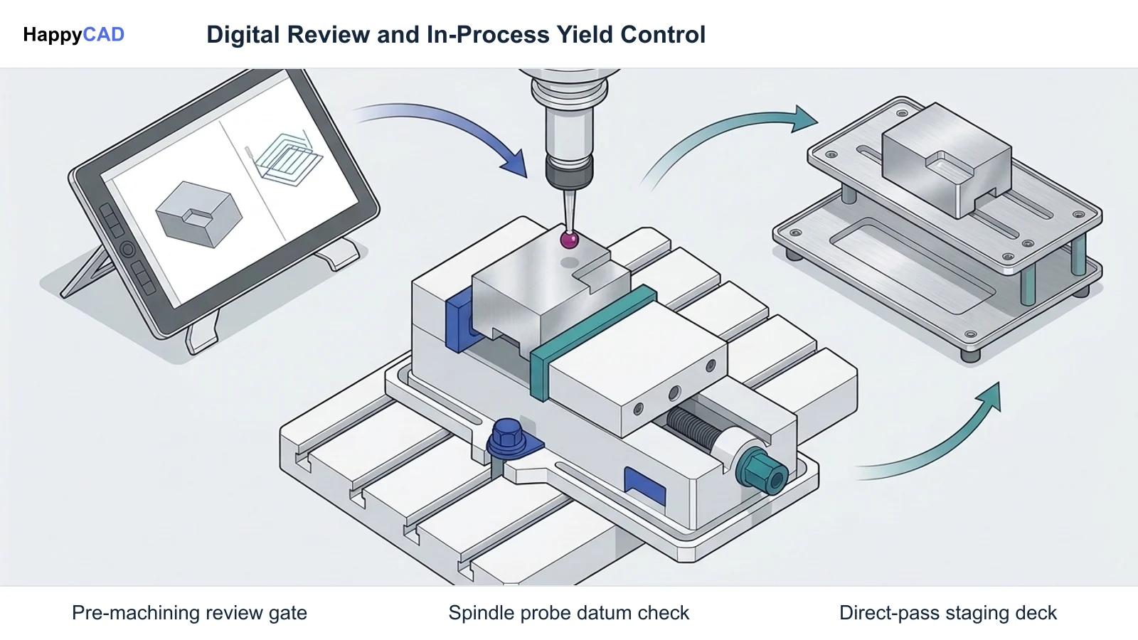 CNC machine vise holding an aluminum block surrounded by a digital review station, touch probe, and a dual-tier staging tray.