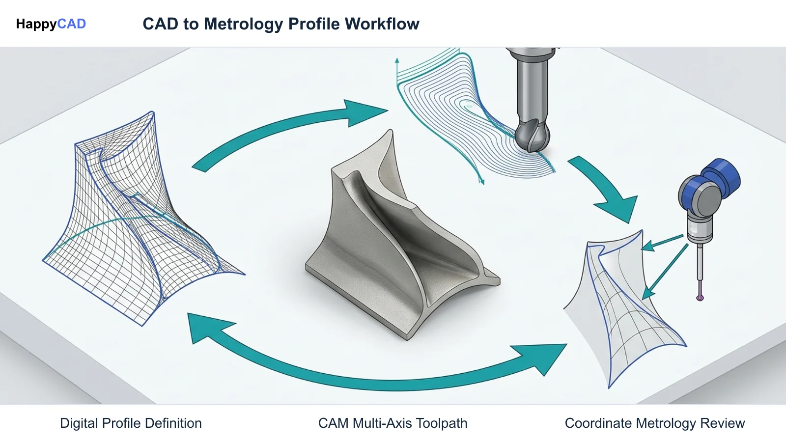 Central contoured workpiece linked by directional arrows to CAD boundary definition, CNC milling, and coordinate metrology icons.