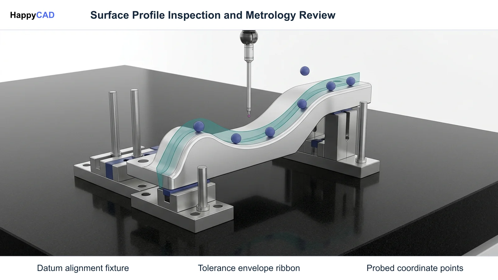Quality inspection setup showing a precision-milled curved part on a granite plate with a CMM probe and discrete point markers against a tolerance band.