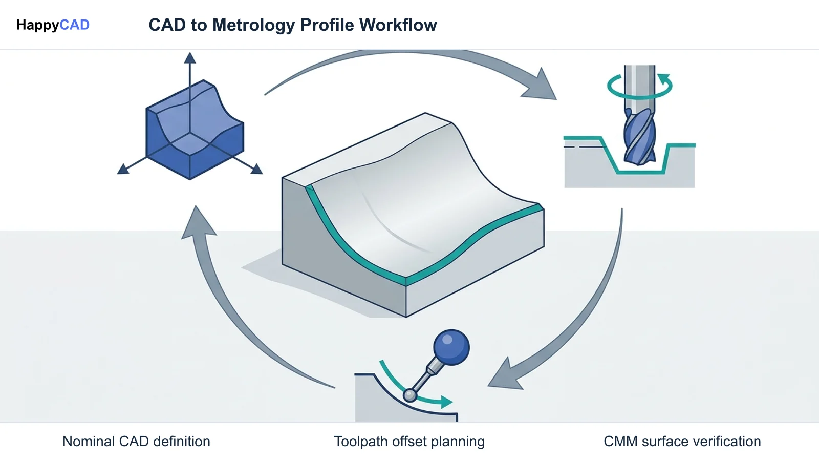 Process diagram with a central contoured part surrounded by icons for digital CAD modeling, CNC cutter offsetting, and CMM touch probe inspection.
