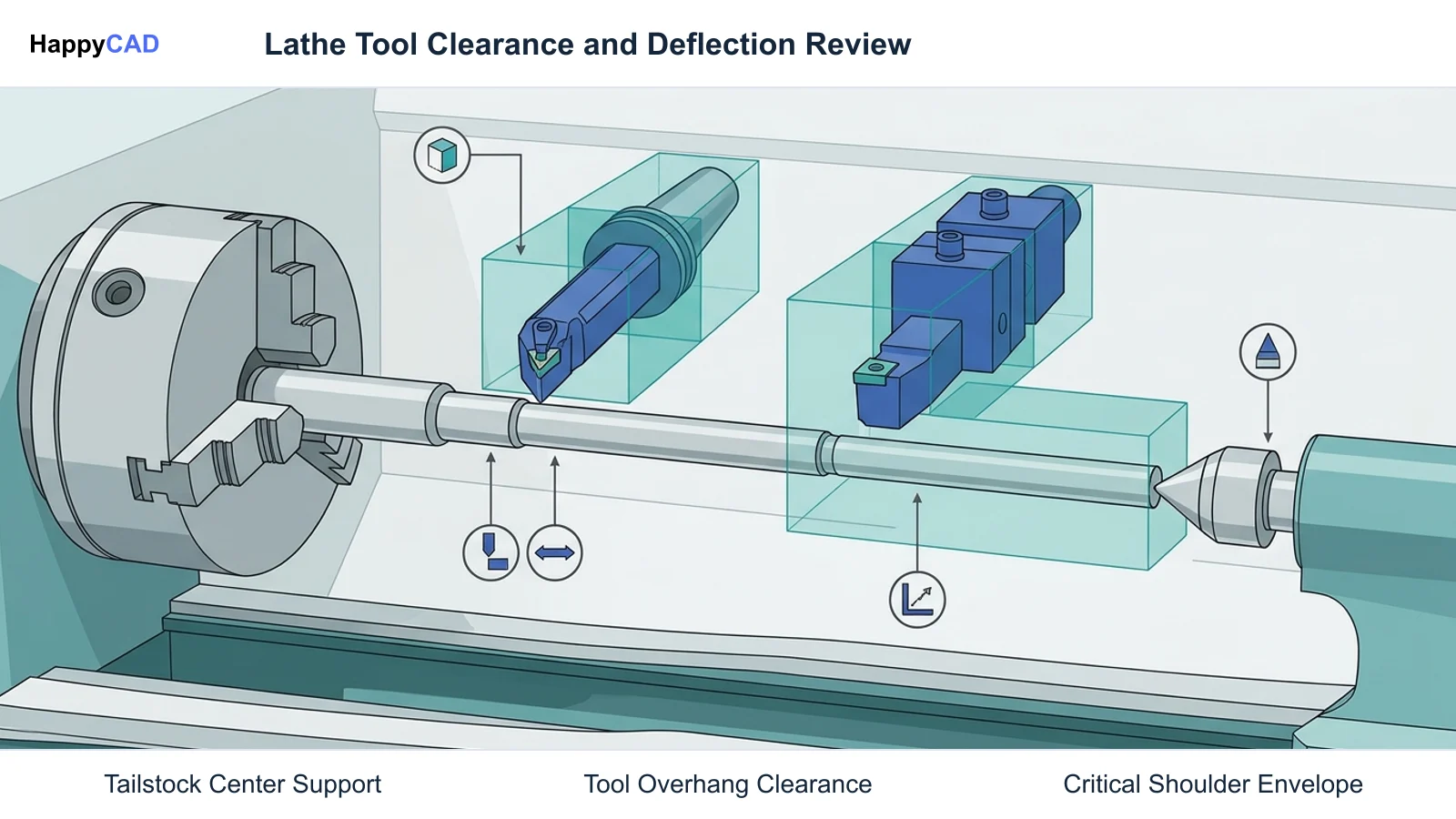 Slender shaft held between a chuck and tailstock with turning tools positioned to review overhang and clearance envelopes in a bright workshop scene.