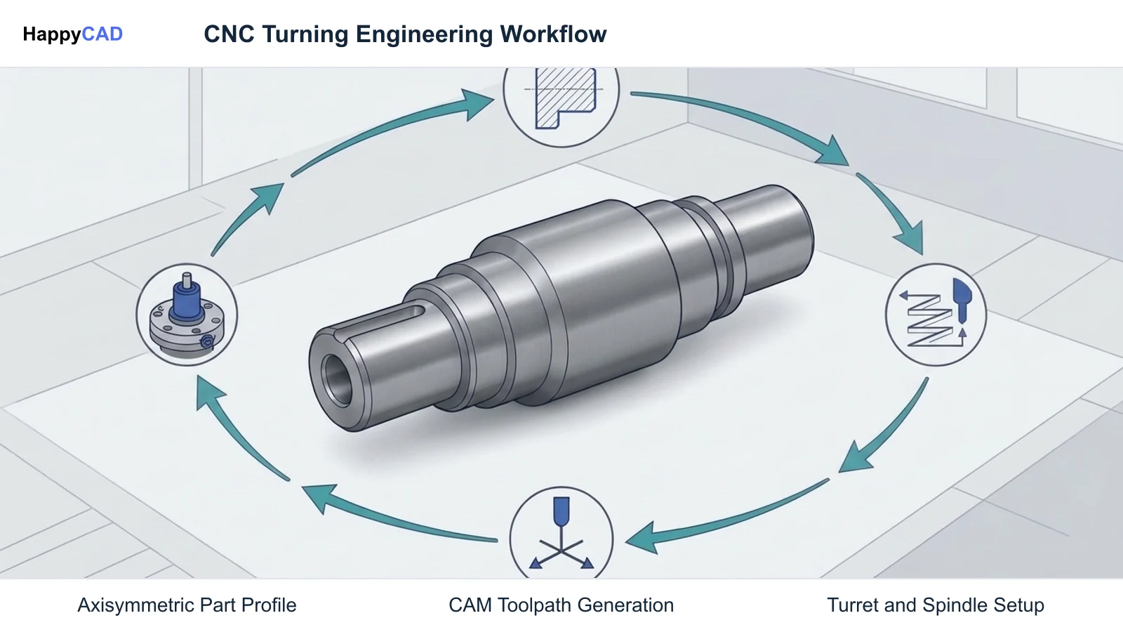 Circular workflow diagram centering on a turned stepped shaft surrounded by circular step icons and directional arrows depicting CAD design, CAM toolpaths, and machine setup.