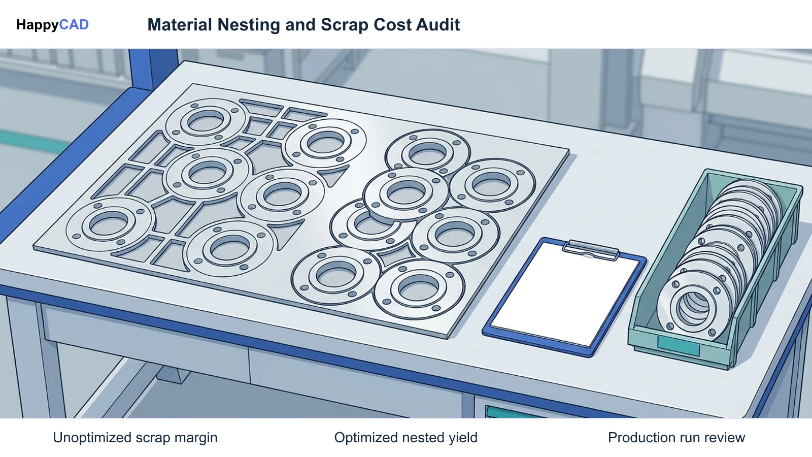 Side-by-side nesting evaluation on a metal plate comparing wide scrap webbing against tightly optimized part nesting with an inspection folder nearby.