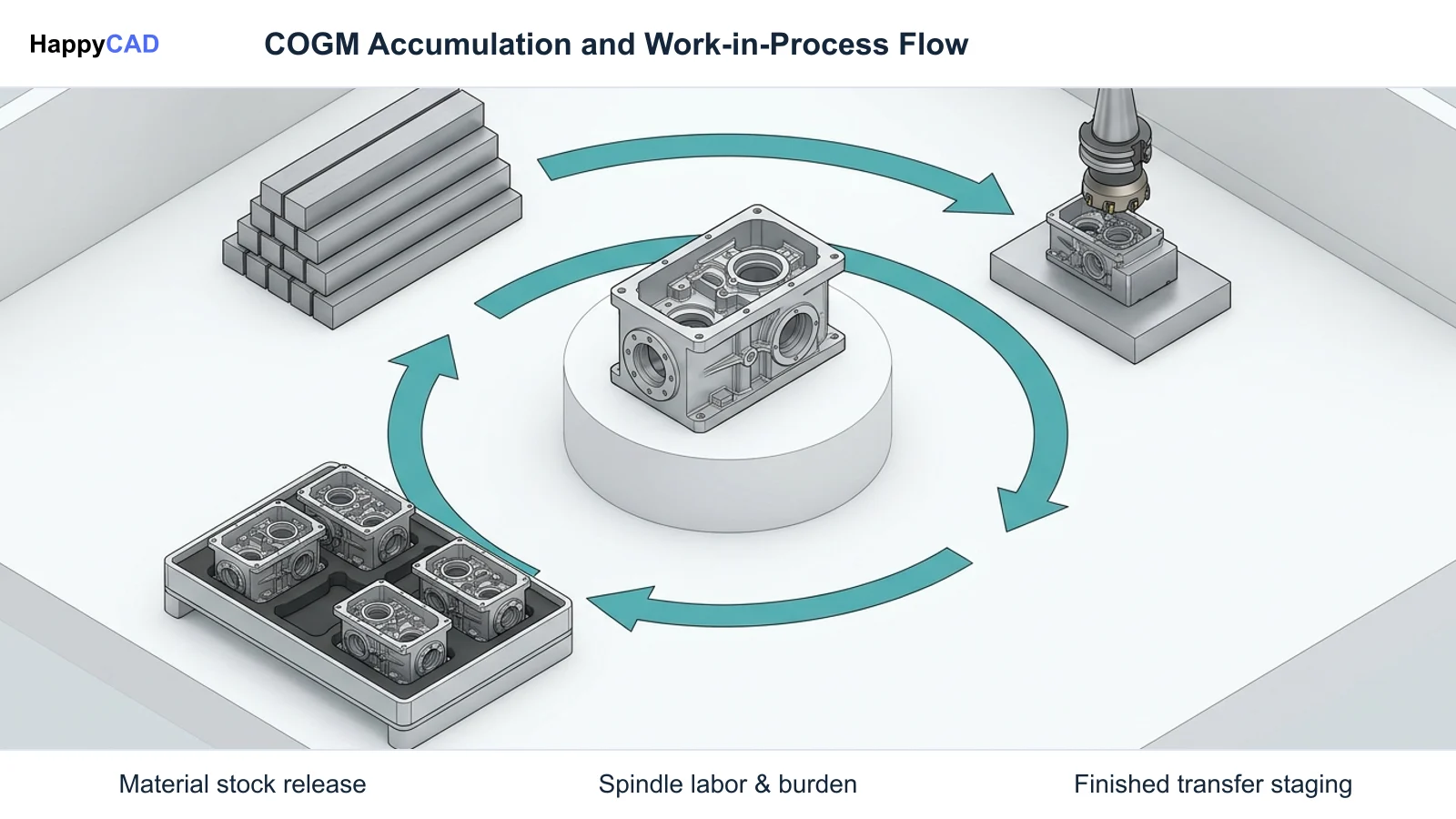 Flow diagram showing a central machined housing surrounded by curved arrows linking raw stock delivery, spindle tooling labor stations, and finished transfer staging.