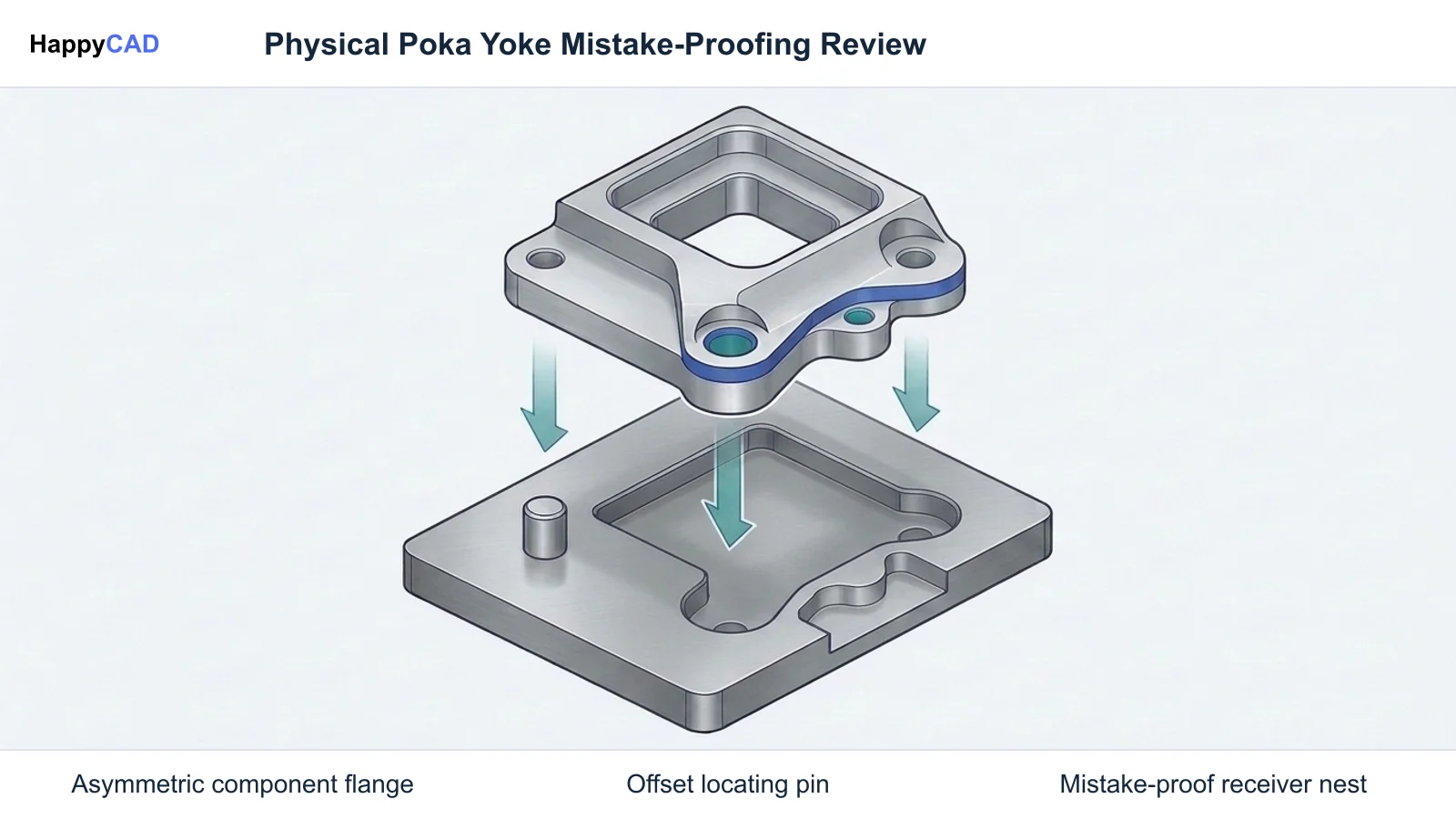 Asymmetrical milled component hovering over a matching steel fixture plate with an offset locator dowel to prevent reverse loading.
