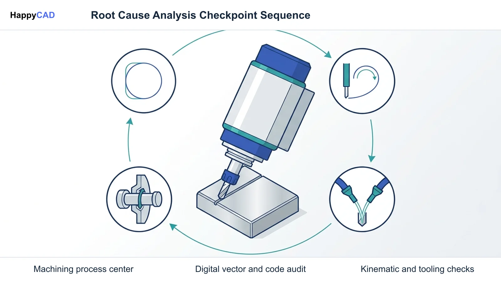 Central CNC spindle surrounded by circular workflow badges connected by teal directional arrows representing investigation stages.