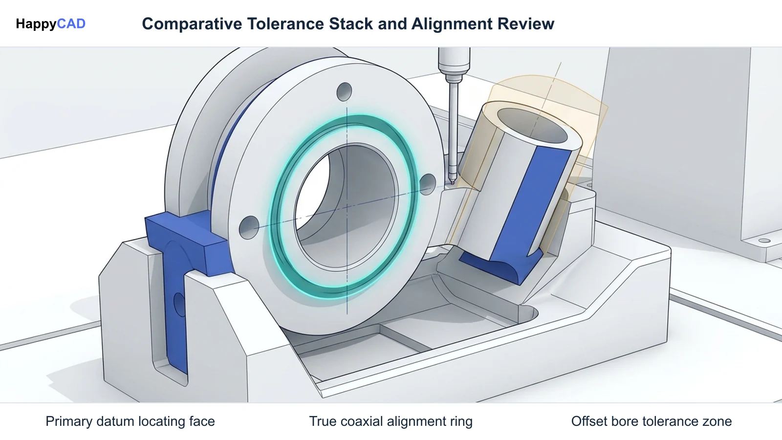 A bearing carrier component in an inspection nest comparing a true coaxial bore against an angularly misaligned feature with teal highlight guides.