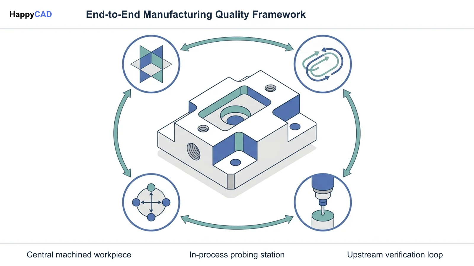 An isometric mechanical part surrounded by four sequential inspection task icons connected by curved teal arrows on an off-white background.