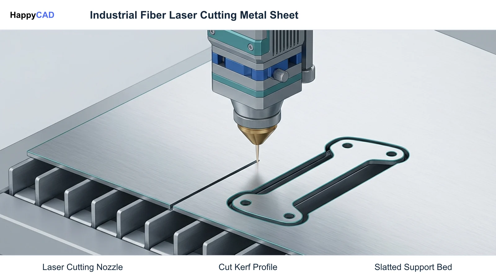 Isometric view of a fiber laser cutting head slicing a precision sheet metal bracket on a slatted bed with smooth cut edges and assist gas nozzle.