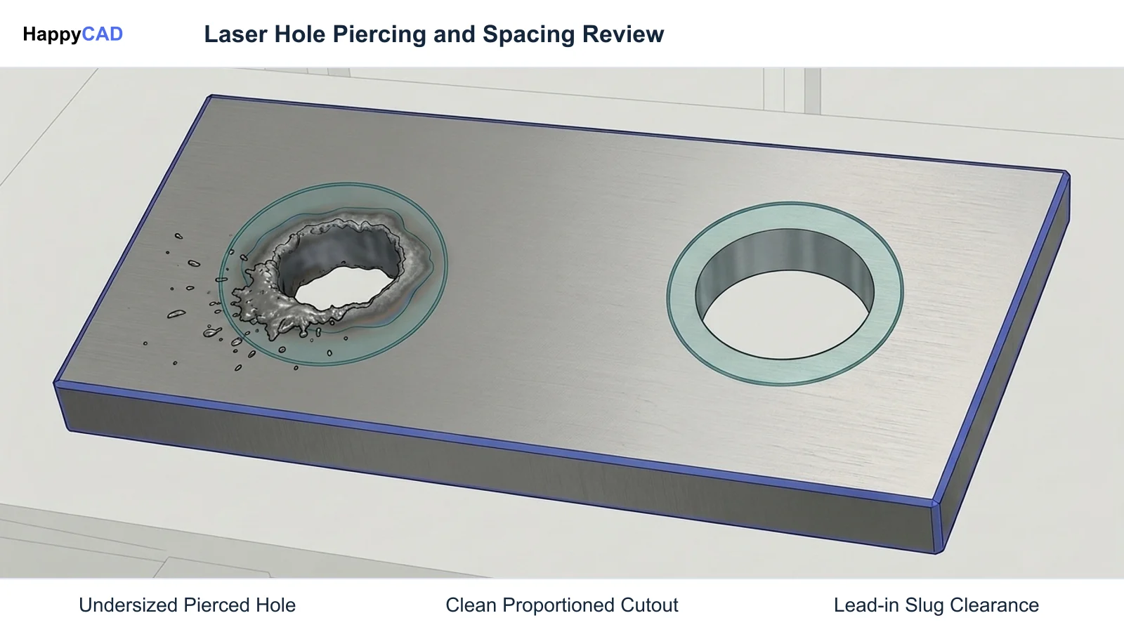 Engineering review of laser cut holes comparing an undersized feature with thermal distortion against a correctly proportioned hole with clean edges.