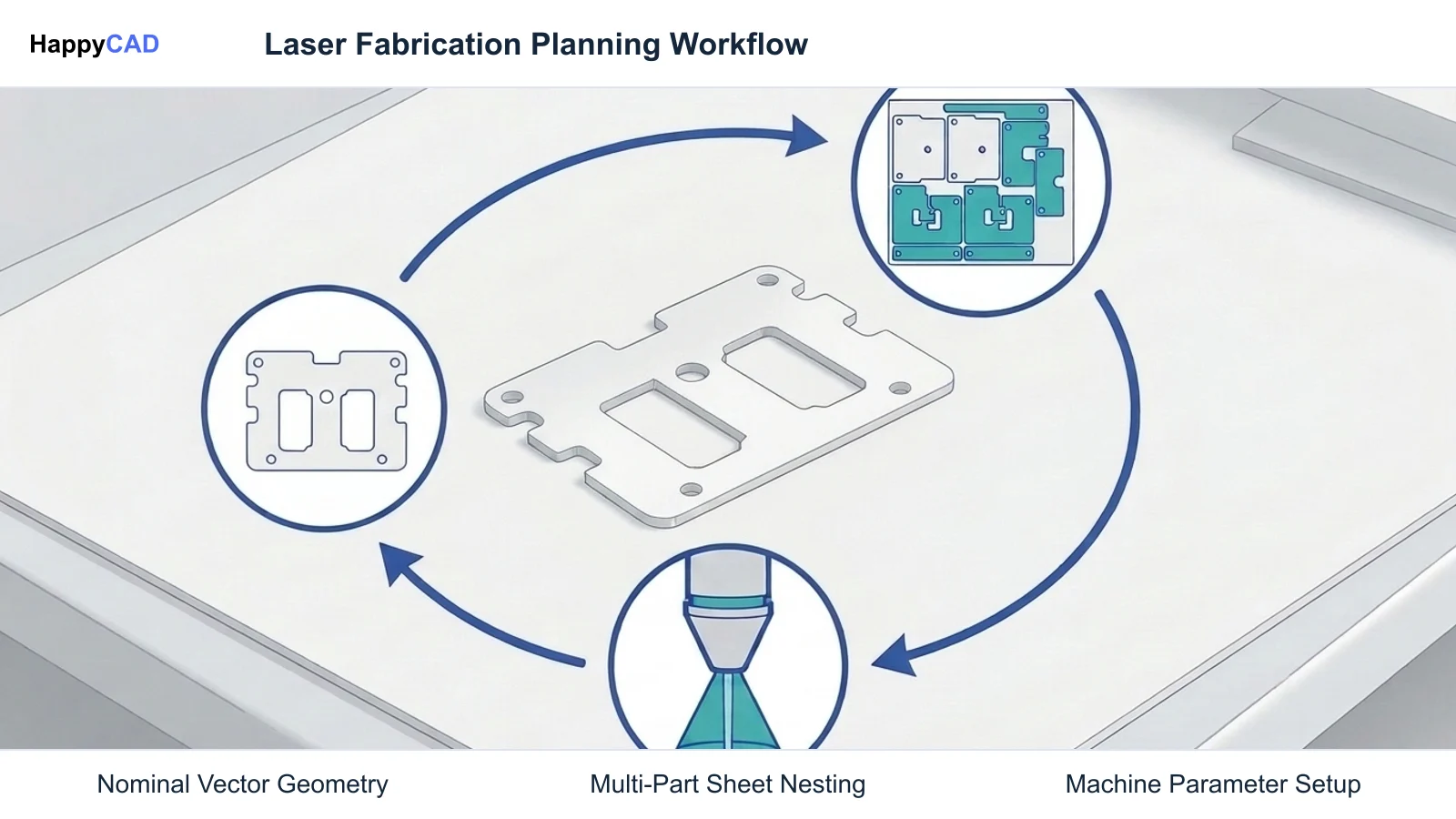 Diagram showing a central sheet metal bracket surrounded by three workflow stages: nominal geometry, nesting layout, and cutting head setup.