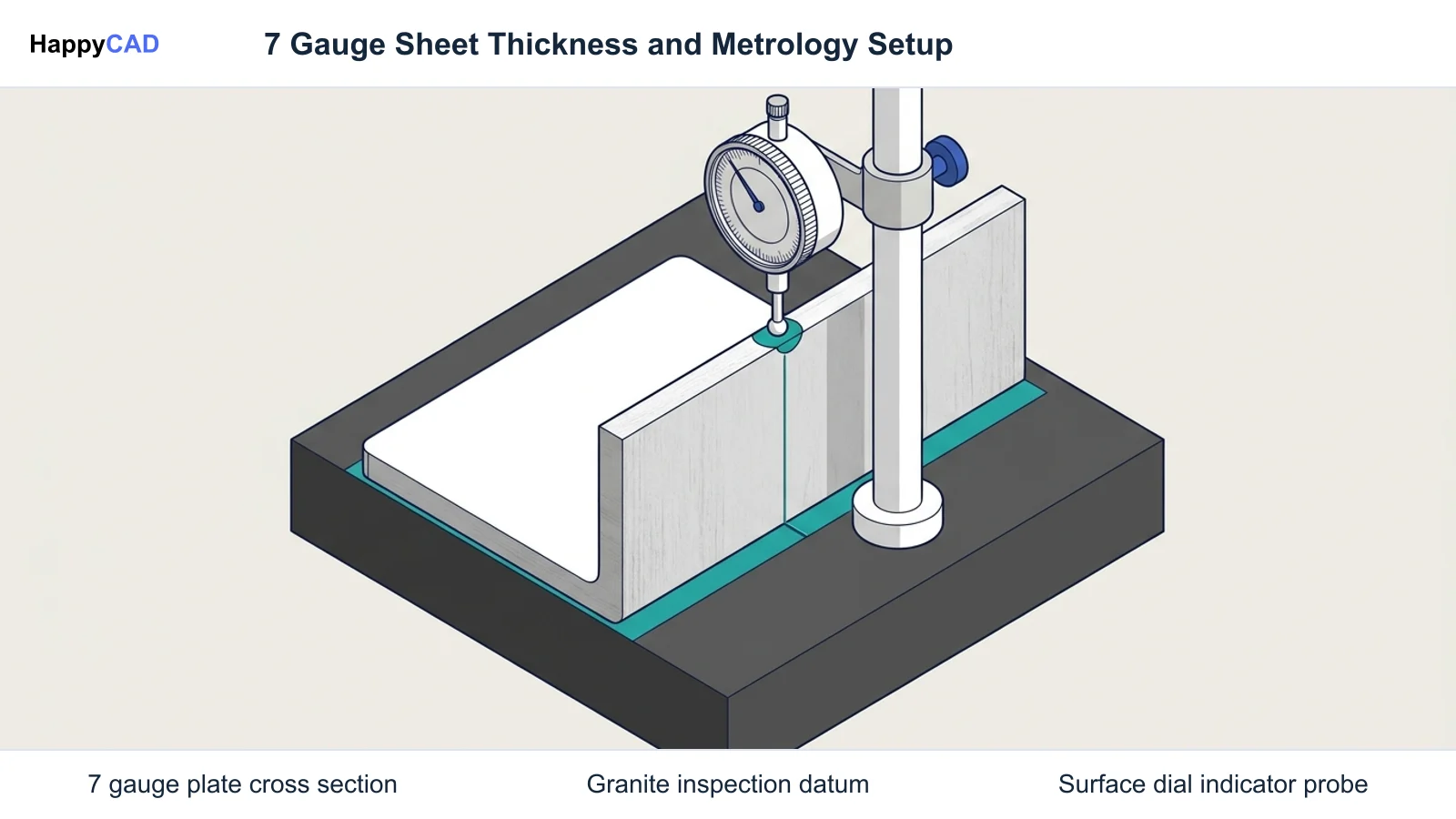Isometric view of a thick 7 gauge steel plate resting on a granite surface plate with a dial indicator probe contacting the top edge against a clean white background.