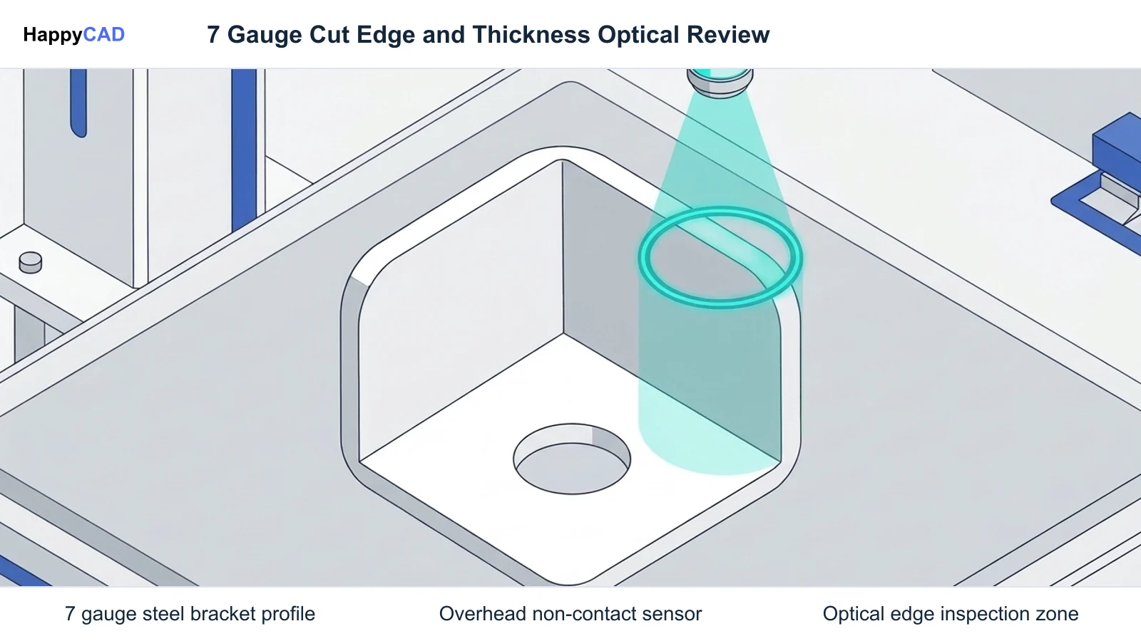 Fully framed 7 gauge steel bracket on an inspection table with an overhead optical sensor projecting a teal light circle across the thick cut edge against a white background.